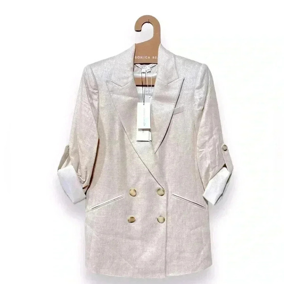 NWT Veronica Beard Parineti Linen Metallic Cream Silver Dickey Blazer Jacket 2 - Picture 6 of 16